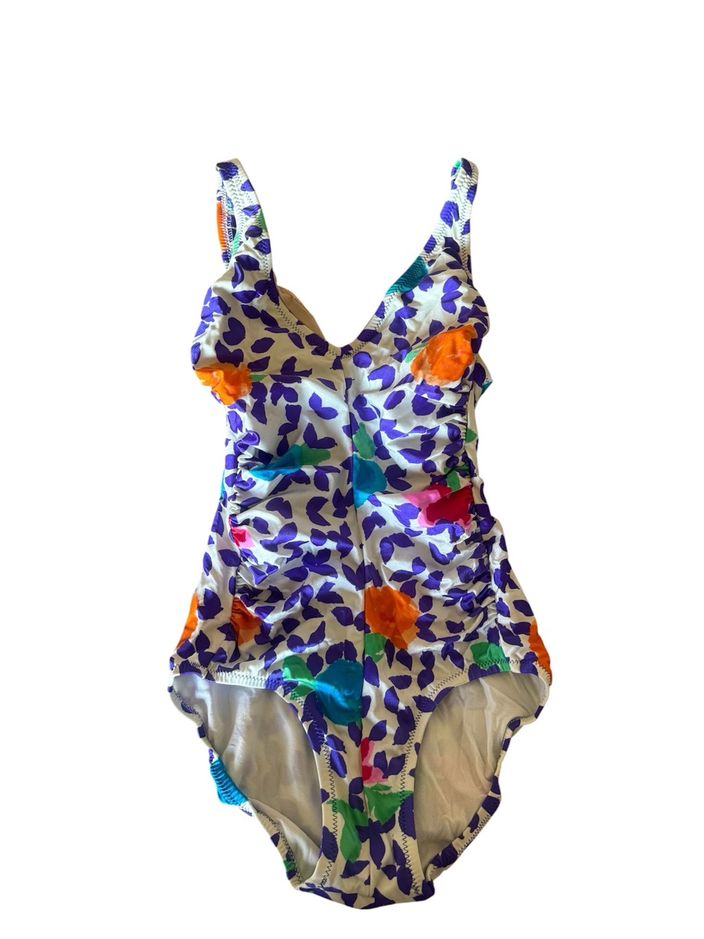 Vintage Women’s One-Piece Swimsuit in White with Multi-Color Floral Print Size L